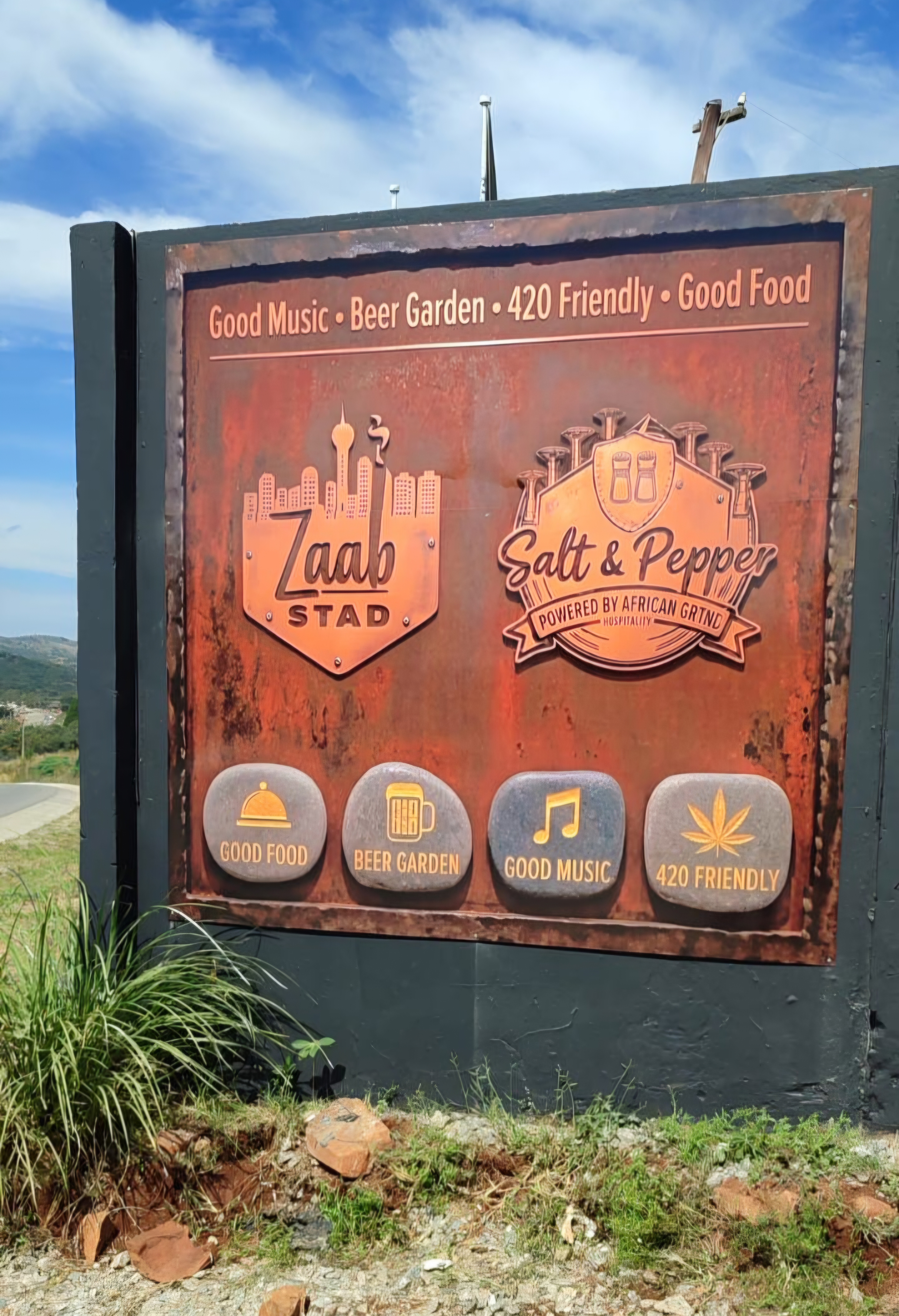 Zaab Stad and Salt & Pepper large outdoor rust-effect signage board